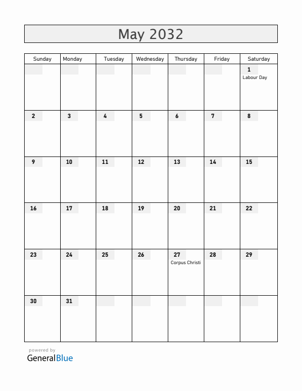 Dominican Republic May 2032 Calendar with Holidays