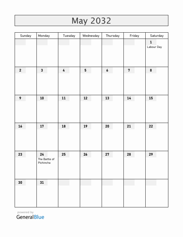 Ecuador May 2032 Calendar with Holidays