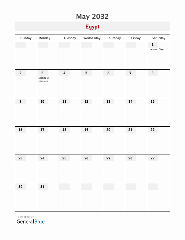 Egypt May 2032 Calendar with Holidays