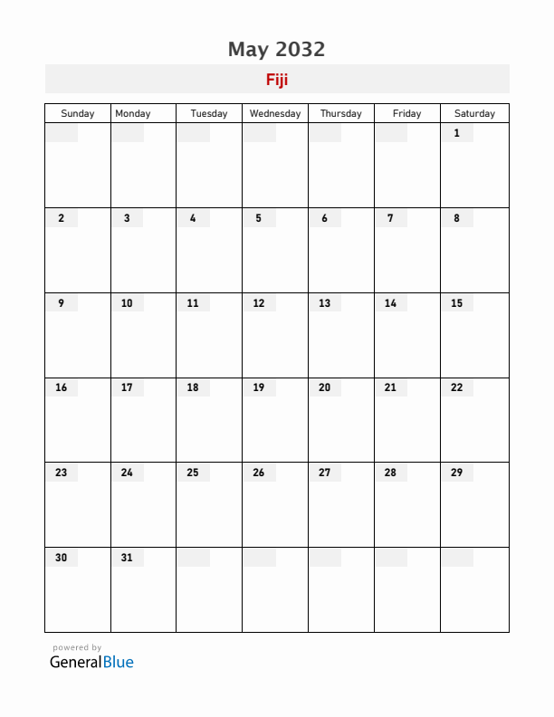 Fiji May 2032 Calendar with Holidays