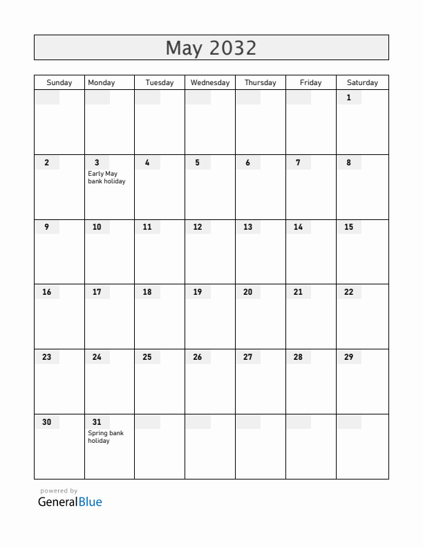 United Kingdom May 2032 Calendar with Holidays