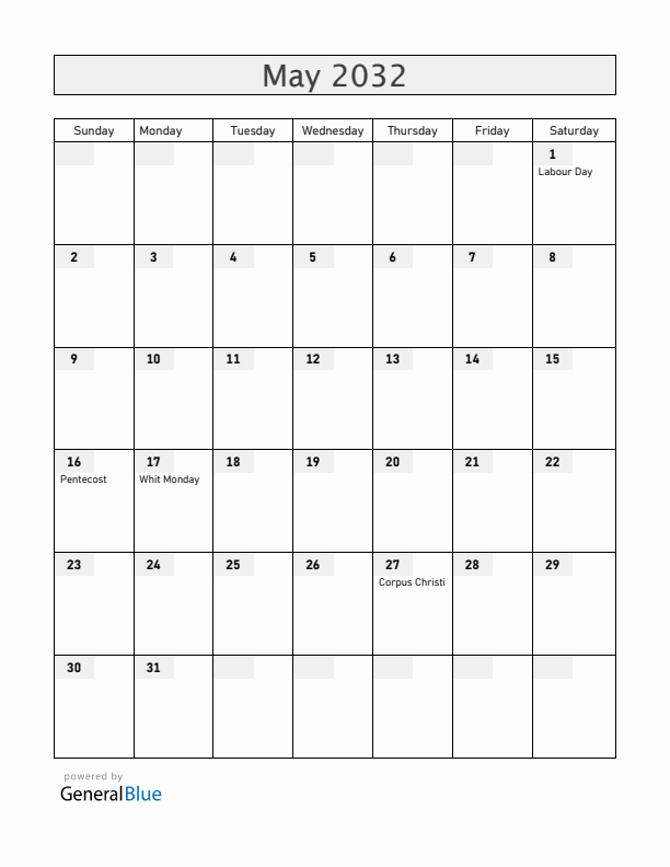 Grenada May 2032 Calendar with Holidays