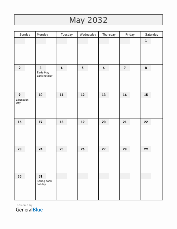 Guernsey May 2032 Calendar with Holidays