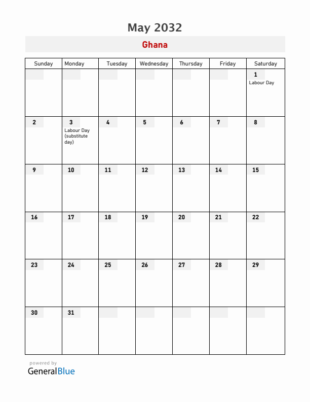 Ghana May 2032 Calendar with Holidays