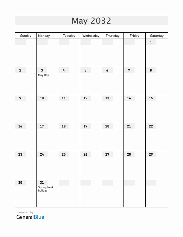 Gibraltar May 2032 Calendar with Holidays