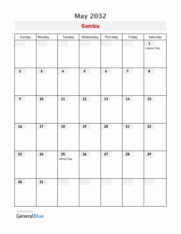 Gambia May 2032 Calendar with Holidays