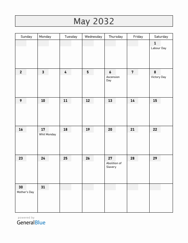 Guadeloupe May 2032 Calendar with Holidays