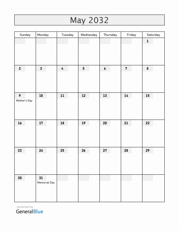 Guam May 2032 Calendar with Holidays