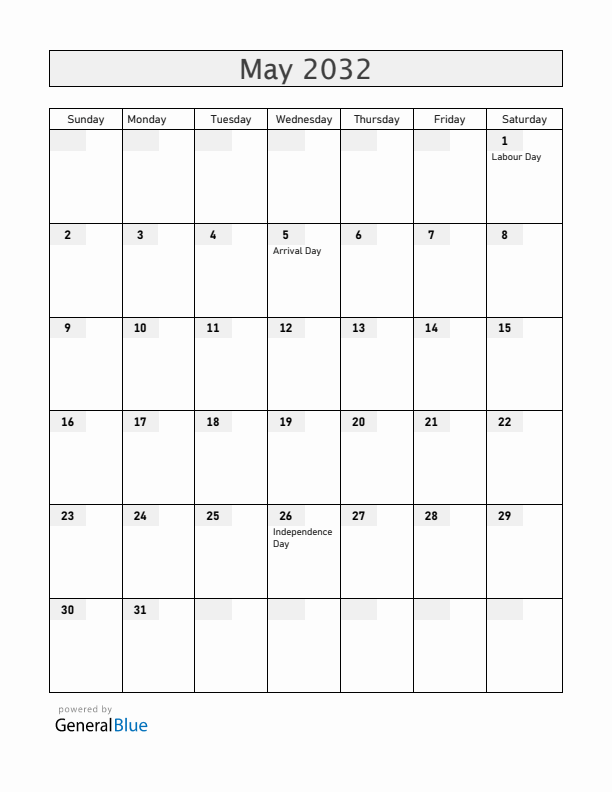 Guyana May 2032 Calendar with Holidays