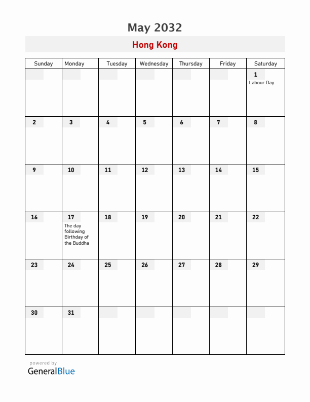Hong Kong May 2032 Calendar with Holidays