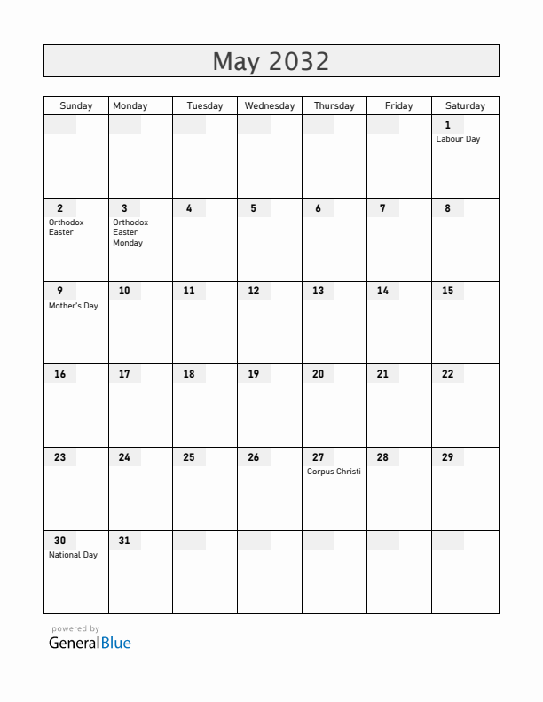 Croatia May 2032 Calendar with Holidays