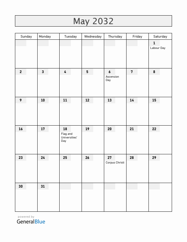 Haiti May 2032 Calendar with Holidays