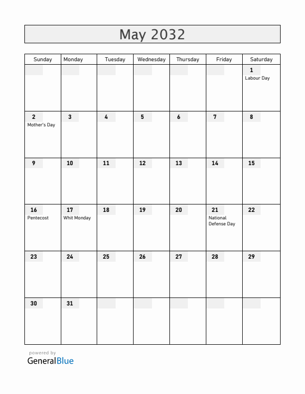 Hungary May 2032 Calendar with Holidays