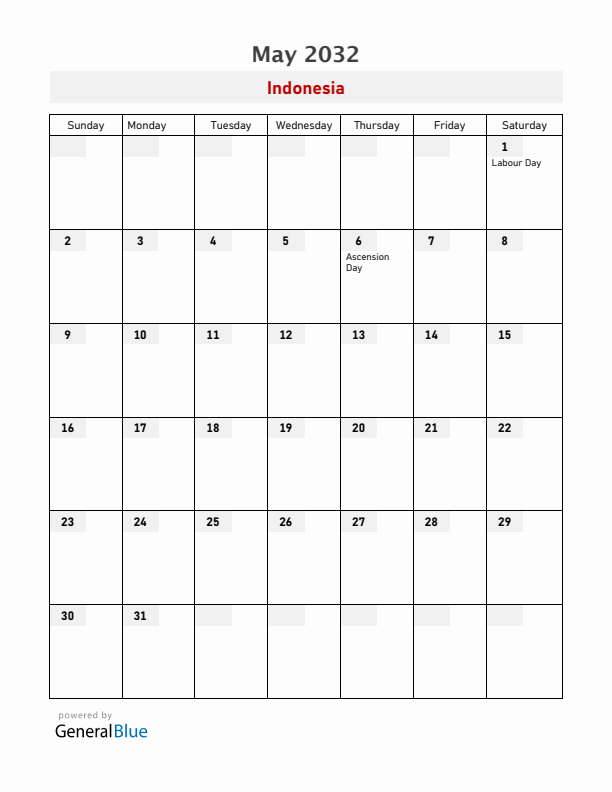 Indonesia May 2032 Calendar with Holidays