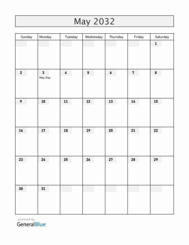 Ireland May 2032 Calendar with Holidays