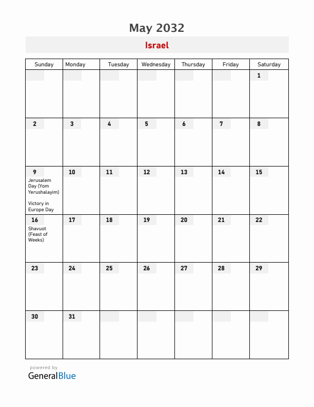 Israel May 2032 Calendar with Holidays