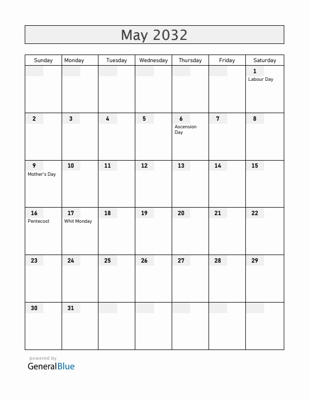 Iceland May 2032 Calendar with Holidays
