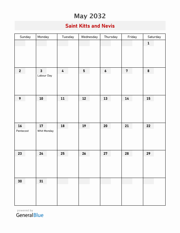 Saint Kitts and Nevis May 2032 Calendar with Holidays