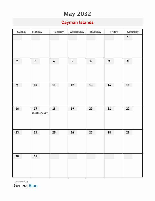 Cayman Islands May 2032 Calendar with Holidays