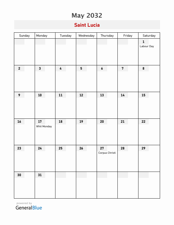 Saint Lucia May 2032 Calendar with Holidays