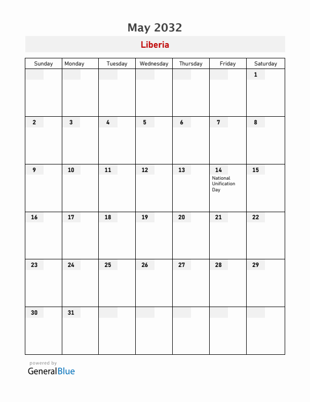 Liberia May 2032 Calendar with Holidays