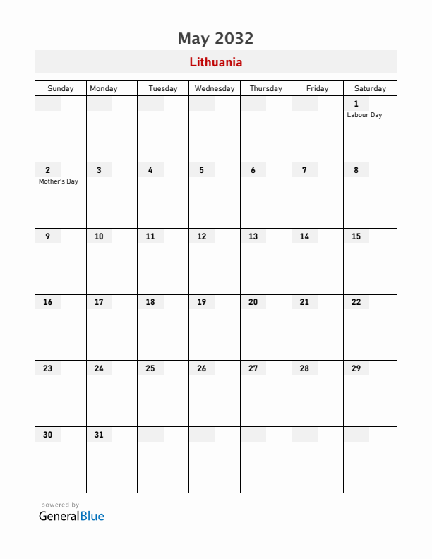 Lithuania May 2032 Calendar with Holidays