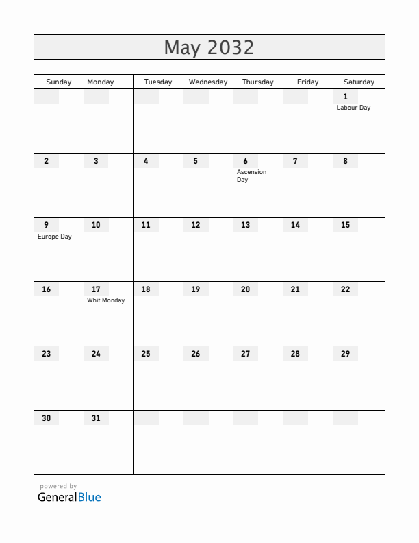 Luxembourg May 2032 Calendar with Holidays