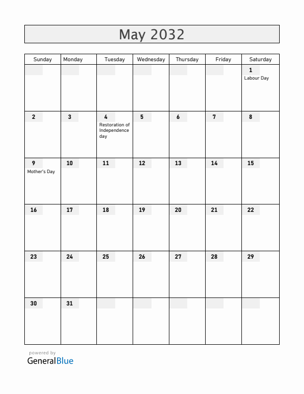 Latvia May 2032 Calendar with Holidays