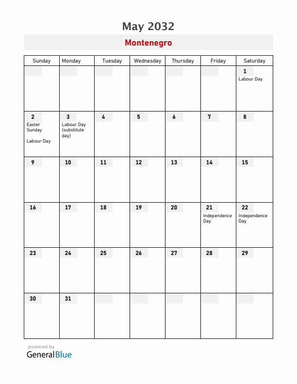 Montenegro May 2032 Calendar with Holidays