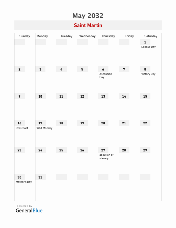 Saint Martin May 2032 Calendar with Holidays