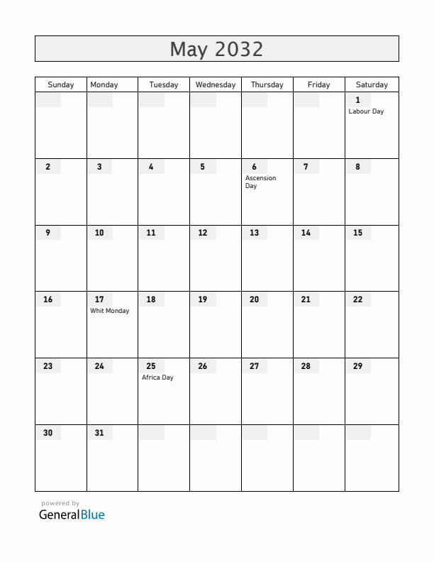 Madagascar May 2032 Calendar with Holidays