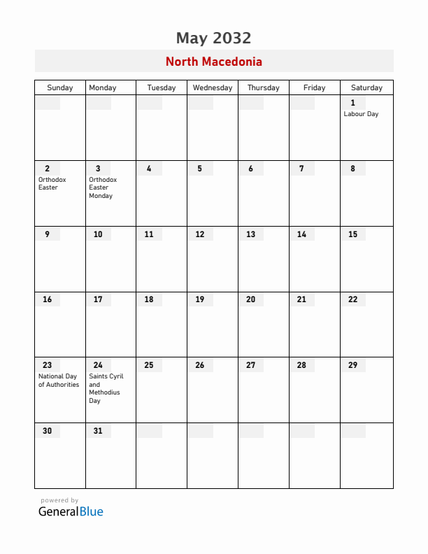 North Macedonia May 2032 Calendar with Holidays