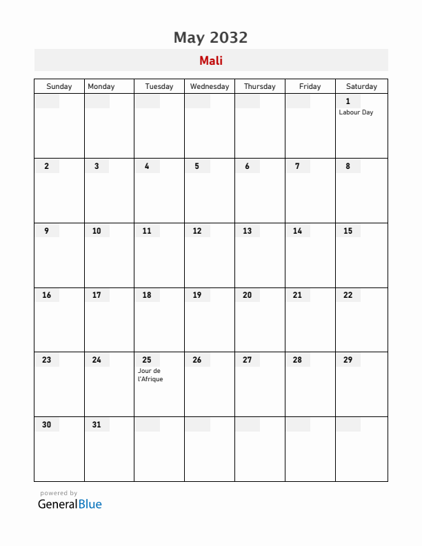 Mali May 2032 Calendar with Holidays