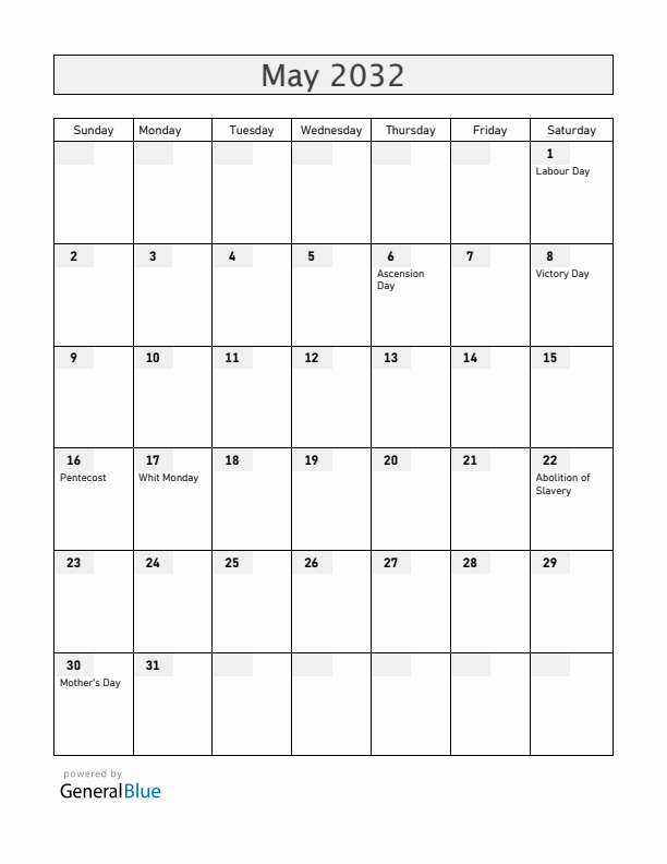 Martinique May 2032 Calendar with Holidays