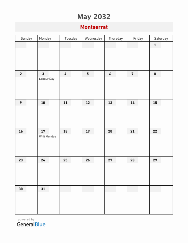 Montserrat May 2032 Calendar with Holidays