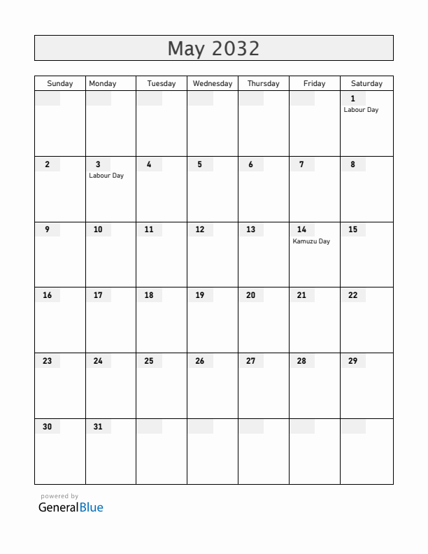 Malawi May 2032 Calendar with Holidays