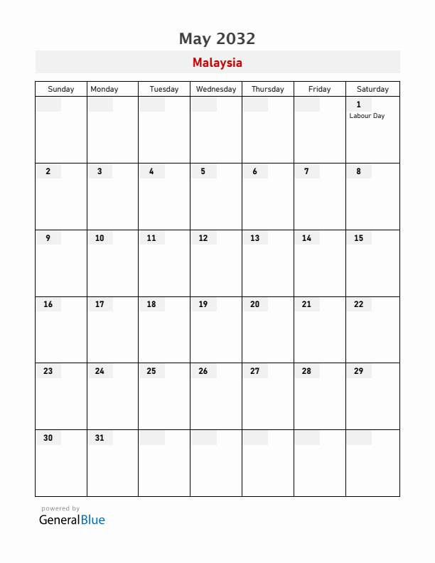 Malaysia May 2032 Calendar with Holidays