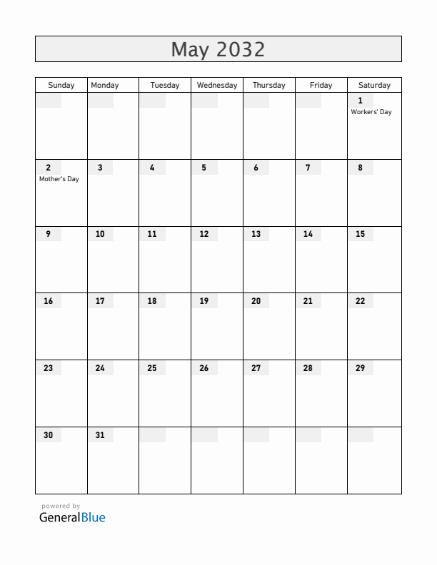 Mozambique May 2032 Calendar with Holidays