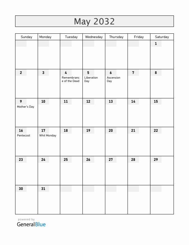The Netherlands May 2032 Calendar with Holidays