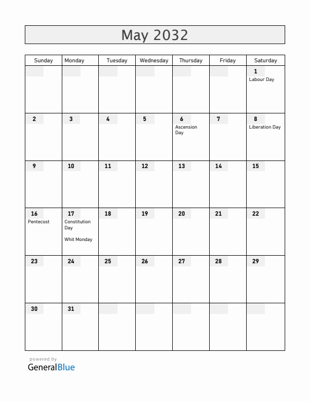Norway May 2032 Calendar with Holidays