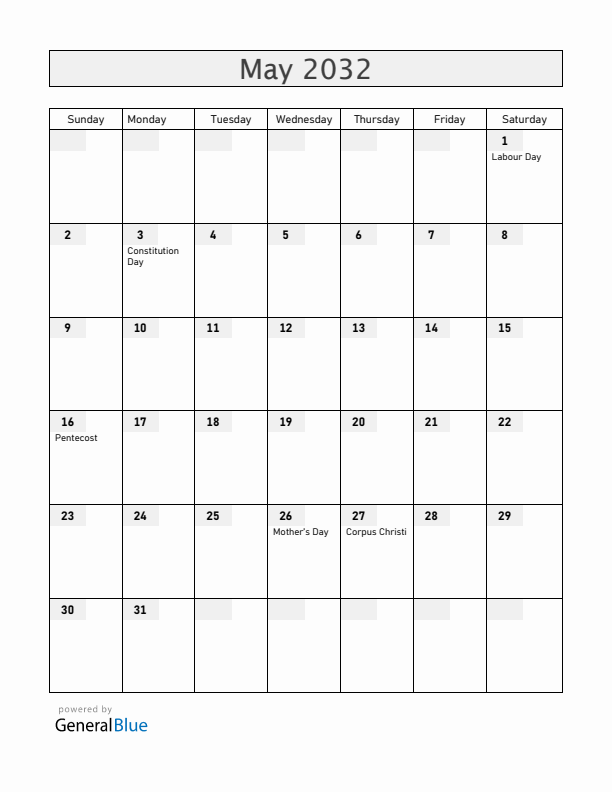 Poland May 2032 Calendar with Holidays