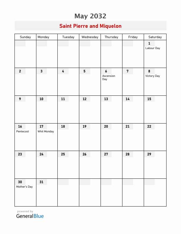 Saint Pierre and Miquelon May 2032 Calendar with Holidays