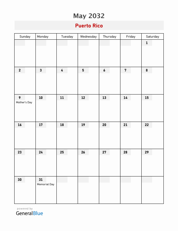 Puerto Rico May 2032 Calendar with Holidays