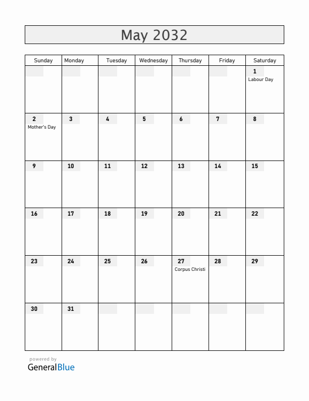 Portugal May 2032 Calendar with Holidays