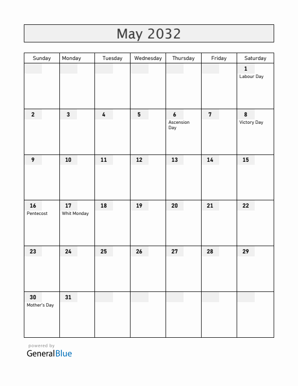 Reunion May 2032 Calendar with Holidays