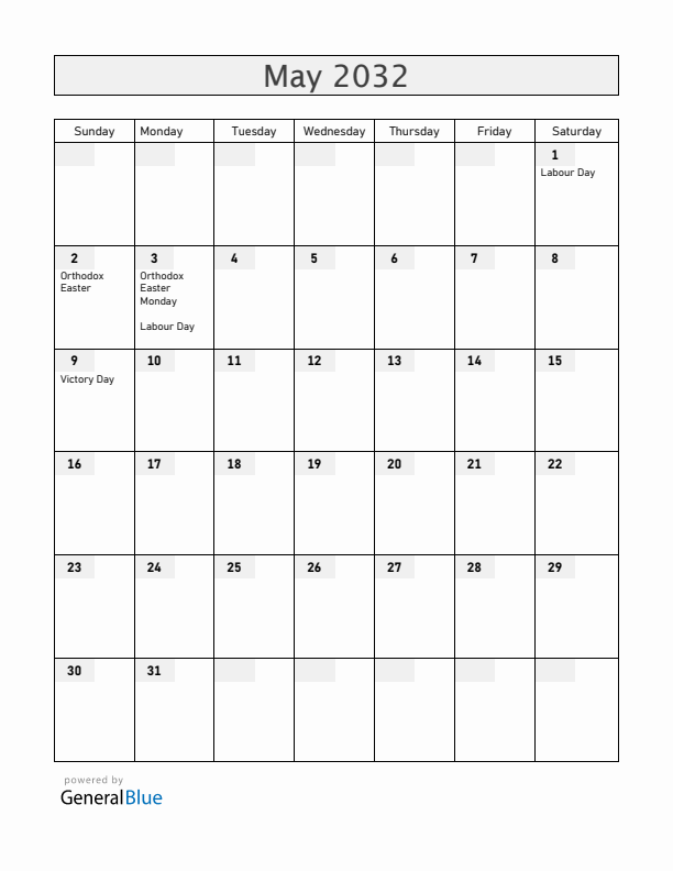 Serbia May 2032 Calendar with Holidays