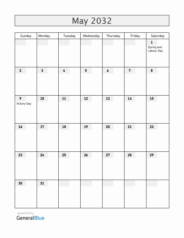 Russia May 2032 Calendar with Holidays
