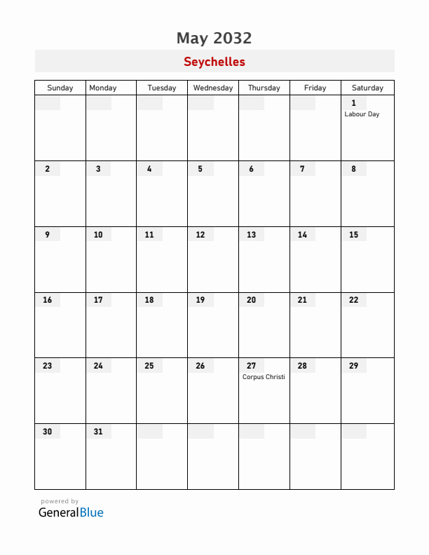 Seychelles May 2032 Calendar with Holidays