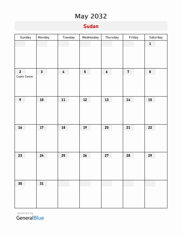 Sudan May 2032 Calendar with Holidays