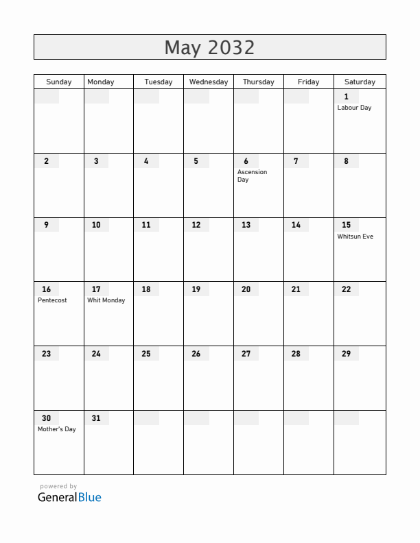 Sweden May 2032 Calendar with Holidays